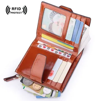 

Rfid Blocking Genuine Leather Credit Card Holder Wallet Zipper Coin Purse 2017 New Fashion Women id Card Protector Safe Wallet