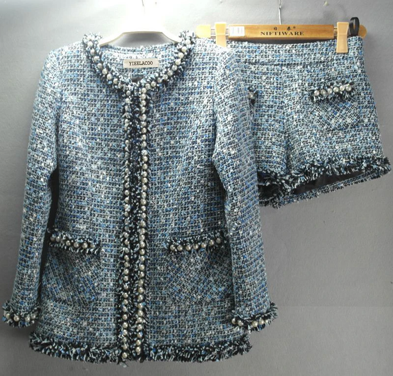 Синее твидовое пальто + короткий костюм бисер расширенный пользовательский тяжелый осенне-зимний женский пиджак пальто и длинные секции
