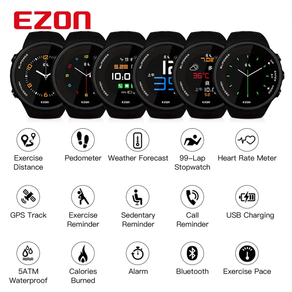 Смарт часы EZON с GPS Bluetooth оптическим датчиком пульсометром цифровыми спортивными