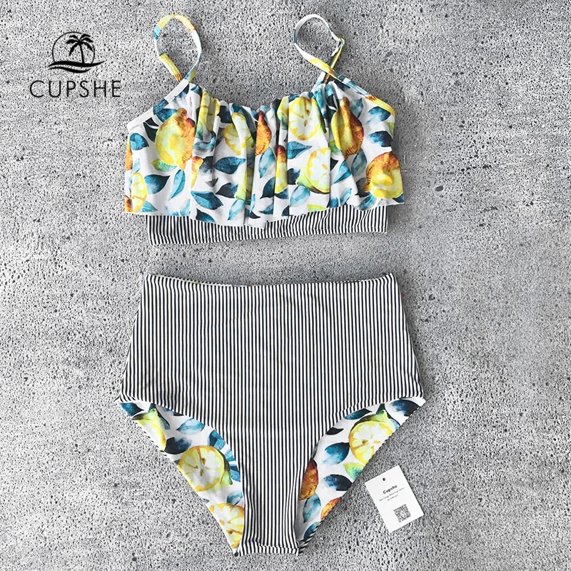 Billig CUPSHE Sommer Zitrone Druck Falbala Bikini Set Frauen Rüsche Hohe taille Zwei Stücke Bademode 2020 Strand Badeanzug Badeanzug