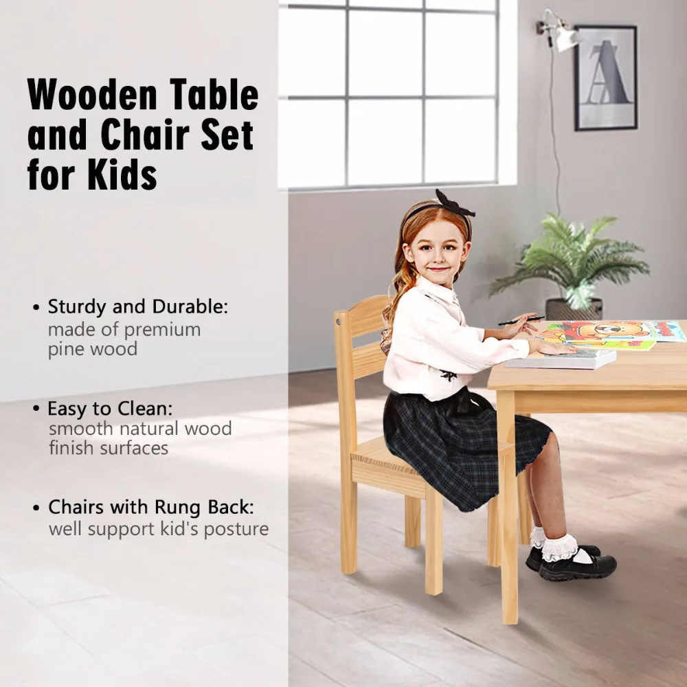 Goplus Kids 5 Piece Table Chair Set Pine Wood Children Play Room Furniture Natural New HW55008NA