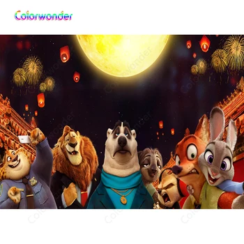 

Colorwonder Photography Background Judy Hopps and Nick Wilde with Their Friends Red Lanterns Fireworks Bustling Night Backdrop