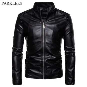 

Fashion Stand Collar Faux Leather Jackets Men 2018 Brand New Biker Motorcycle Jacket Men PU Leather Zipper Jacket Campera Hombre