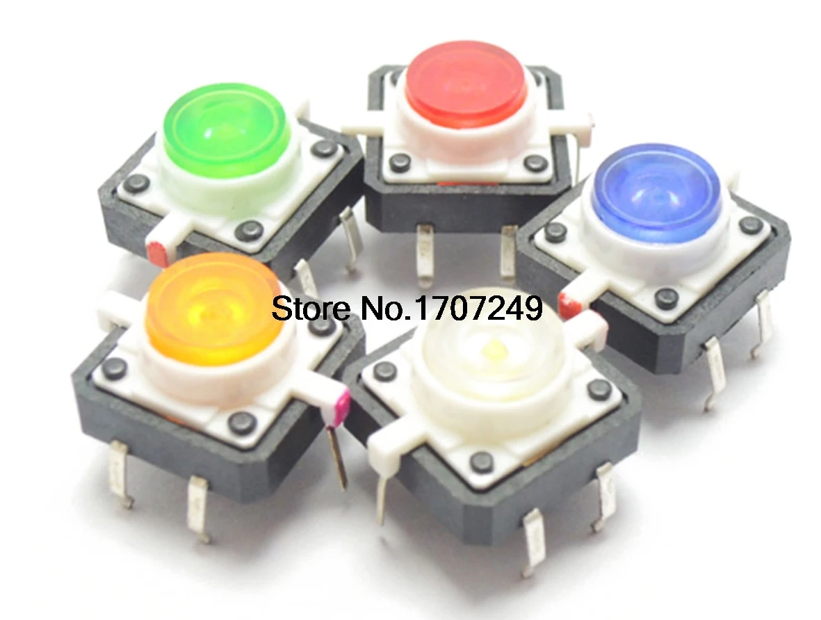 10 PCS New with light switch 12X12X7.3mm Tactile Push Button Switch Momentary Tact LED 5 Color 12*12*7.3mm DIP 6Pin | Обустройство