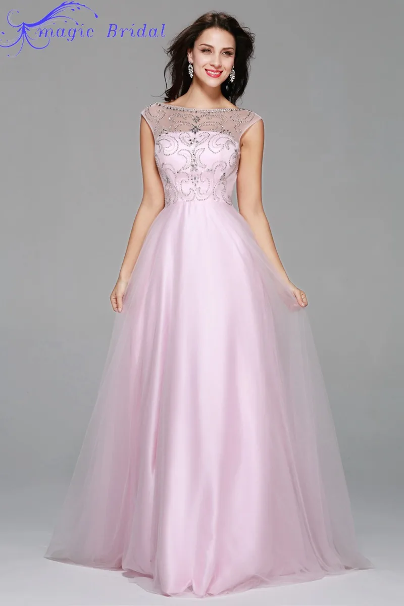 Cap Sleeve Beading Light Pink Long Evening Dress New Arrival Formal Dresses Sexy Low Back 