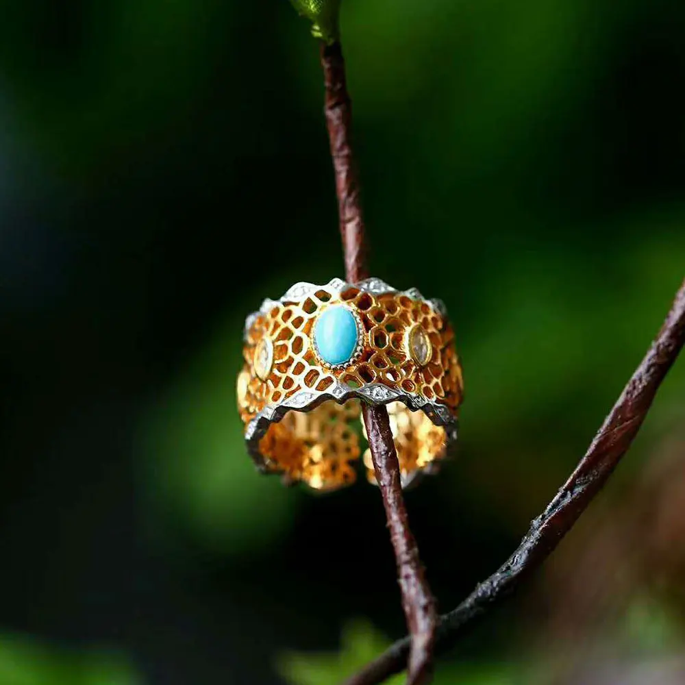 RADHORSE 925 Серебряные кольца для Для женщин Fine Jewelry Бирюзовый Кружева Цвет разделения моделирование кольцо стерлингового серебра Регулируемый
