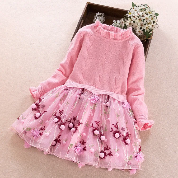 2018 Spring Autumn Korean Kids Girl Sweater Dress Embroidered Long Sleeve Children `s Dress Warm Wool Cardigan long sleeve embroidered swing dress