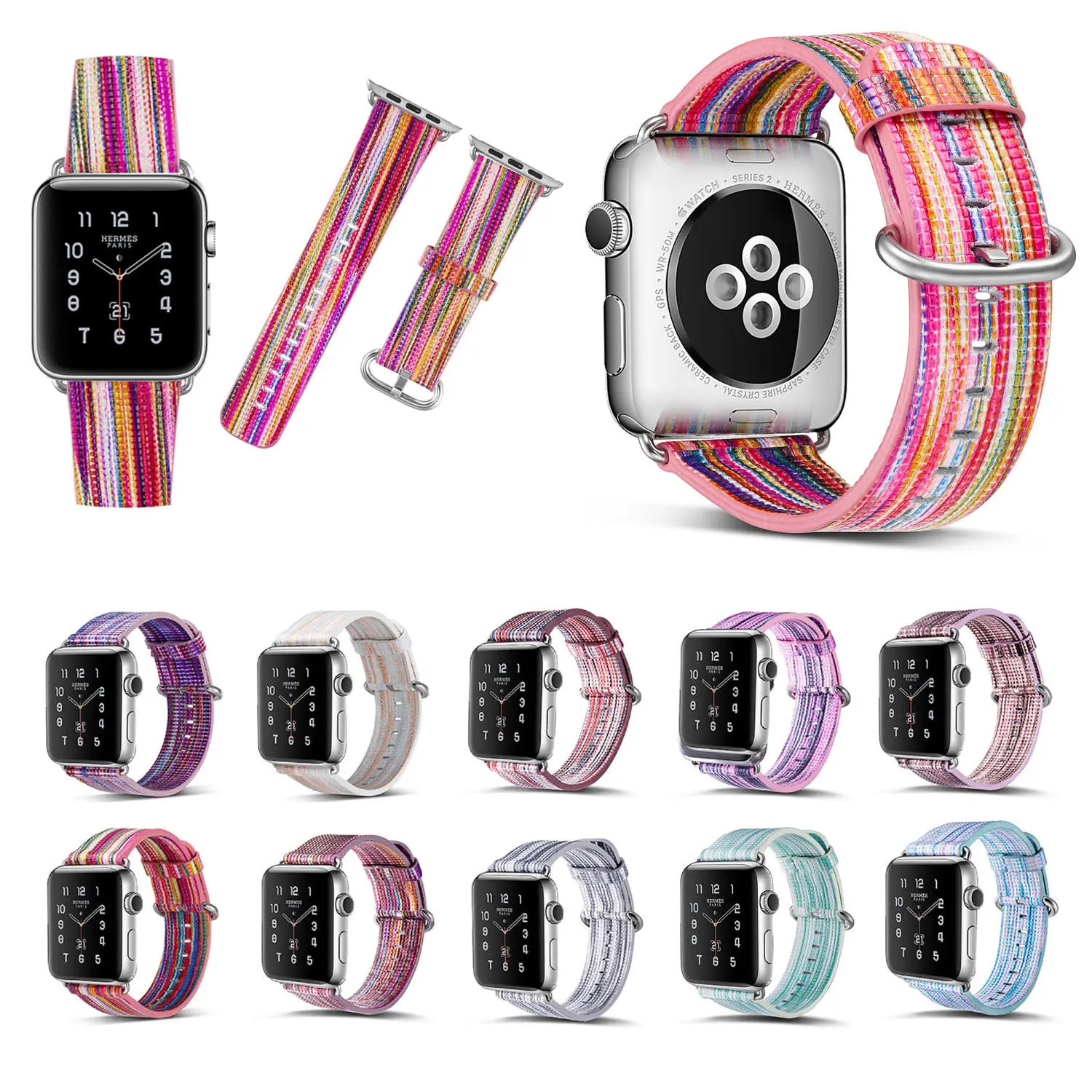 

Colorful Rainbow Printed Striped Band for Apple Watch Strap Genuine Leather Watchband For iWatch Series 3 2 1 Bracelet 42mm 38mm