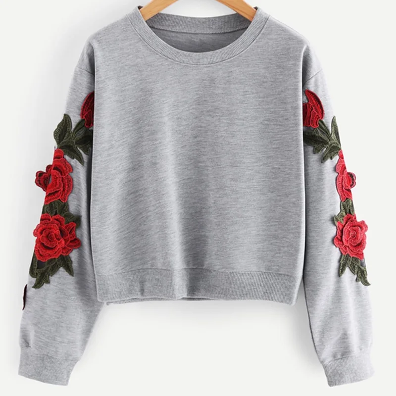 TASTIE Rose Embroidered Applique Sweatshirt 2018 Autumn Grey Women O ...