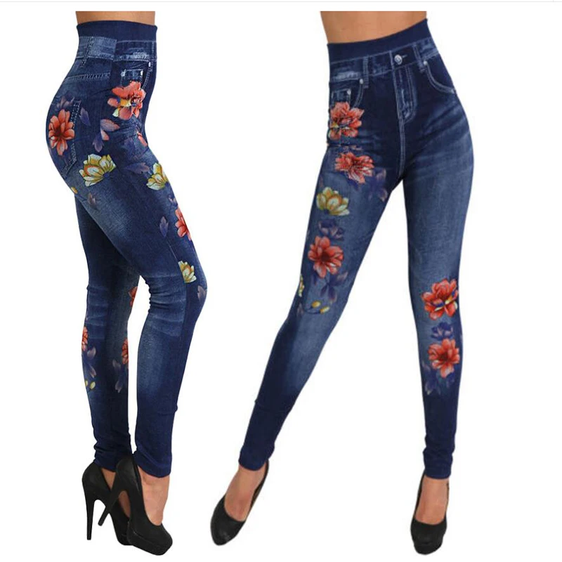Shikoroleva леггинсы Для женщин Имитация женские Стрейчевые джинсы-скини Ретро бесшовный цветочный Джеггинсы нога одежда больших размеров