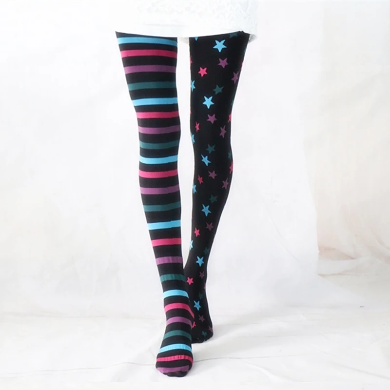 Japanese Harajuku Stars And Striped Patterned Velvet Tights Pantyhose Fashion Colored Stocking 