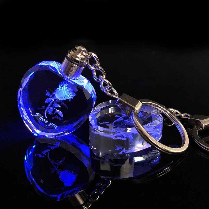 Heart Shape Romantic Rose Key Chain Crystal lovers Flower Key Ring Laser Engraved Colorful LED Light Couples Souvenir Gift