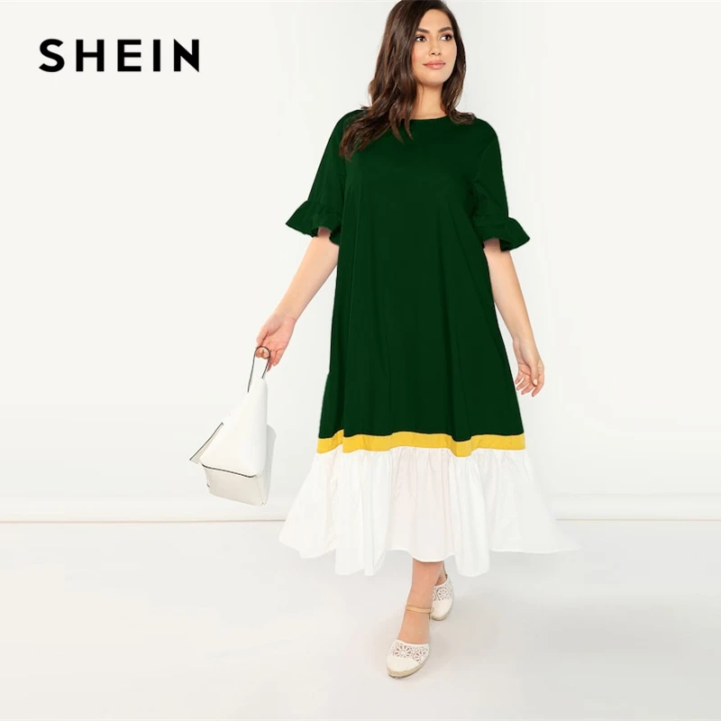 

SHEIN Plus Size Green Ruffle Cuff and Hem Colorblock Flounce Sleeve Button Dress Women 2019 Spring Drop Waist Long Dress