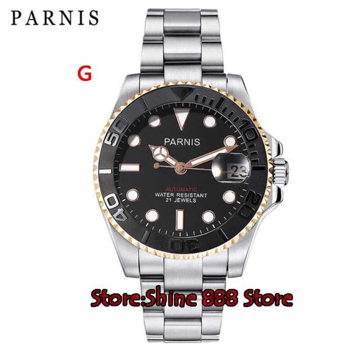 Parnis, автоматические часы для ныряльщика, водонепроницаемые, 21 драгоценный камень, для мужчин, механические часы с кожаным металлическим ремешком, мужской подарок - Цвет: G
