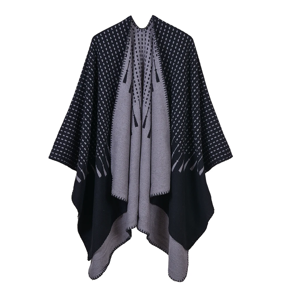 

Women's European and American style simple fringe pattern jacquard split two sides wild fashion imitation cashmere shawl 18005