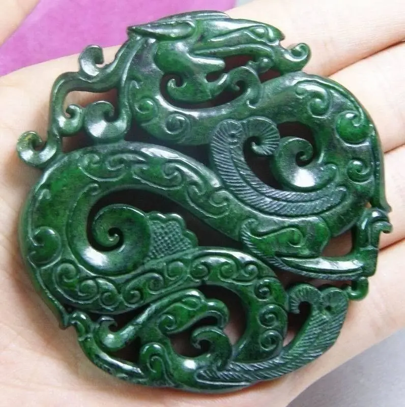 Chinese Old Handwork Carve Dark Green Jade Dragon Pendant In Chinese Old Handwork Carve Dark Green Jade Dragon Pendant