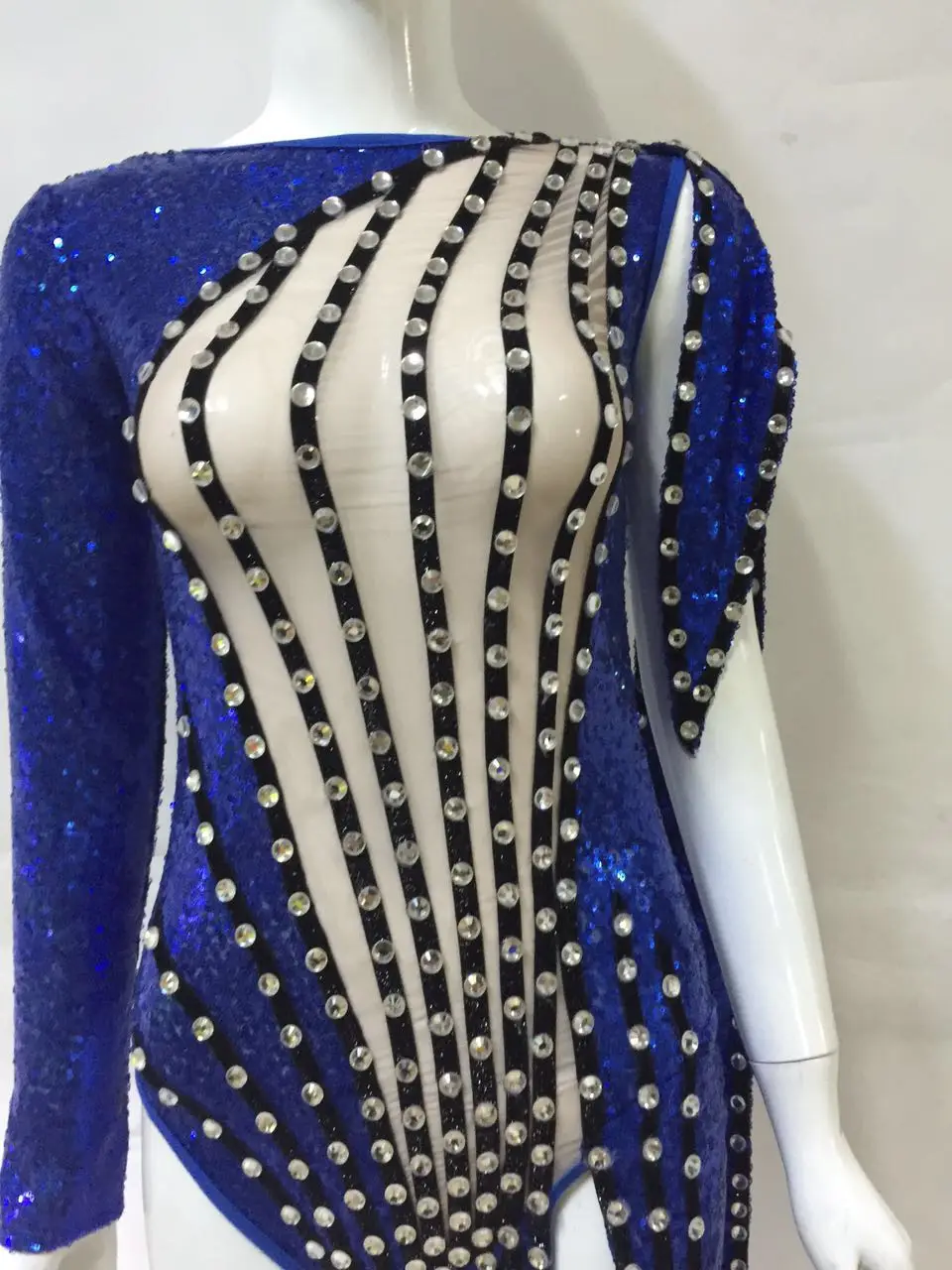 Blue Sequins Bodysuit Sexy One leg Beads Outfit Dance ClubWear Party Wear Costume Stage Celebrate Women's Dance Leotard cut out bodysuit