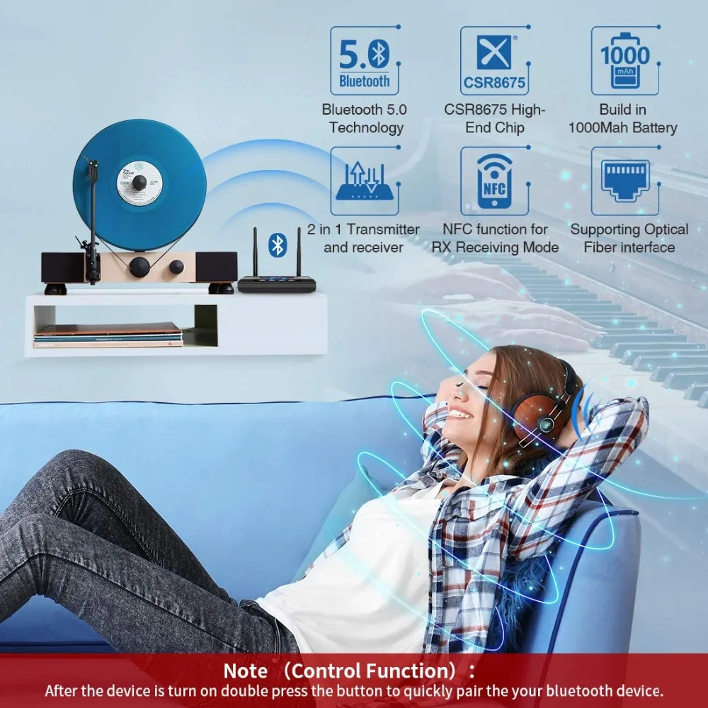 Большой диапазон обхода NFC аудио адаптер 328ft Bluetooth 5,0 приемник передатчик APTX HD& низкая задержка Оптический RCA 3,5 мм AUX для ТВ