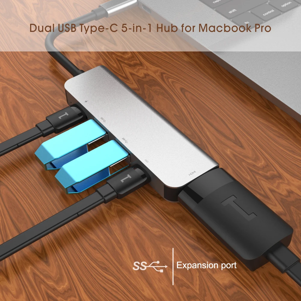 USB C концентратор Портативный Тип-C USB Hub адаптер ключ 5-в-1 двойной USB-C концентратор с USB-C к HDMI зарядка PD Порты и разъёмы USB 3,0 Порты