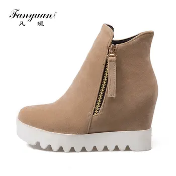 

Fanyuan Ankle Boots for Women Fashion Zipper Wedges Heel Women short Boots All Match round Toe Faux Suede Women Boots