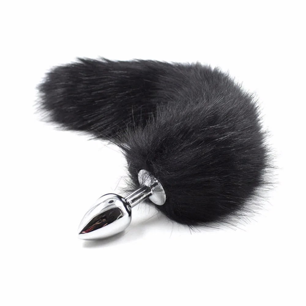Funny False Fox Tail With Stainless Steel Plug Romance Black and Silver Game Toy