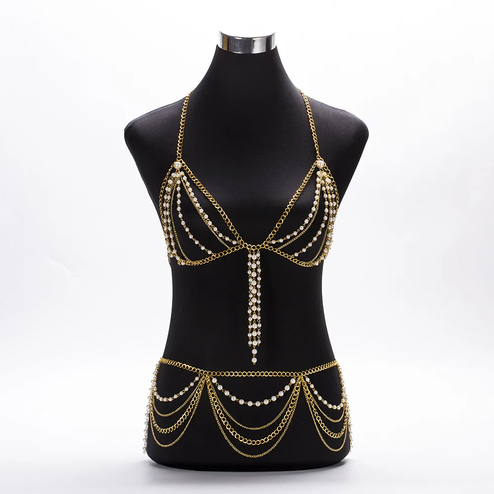 

Fashion Boho Imitation Pearls Full Body Chain Bra and waist chain Statement women Dress Sexy Night club Party Jewelry