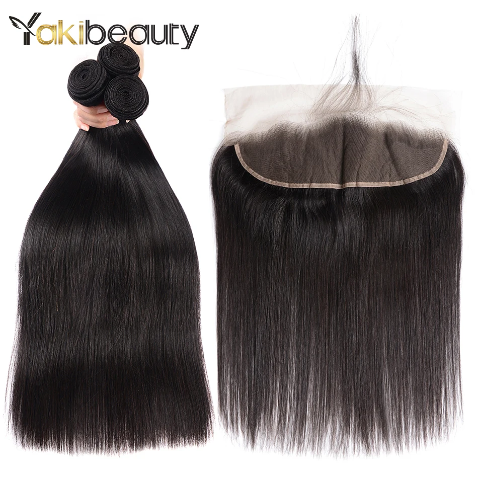 Indian Straight Hair 3 Bundles With Frontal 4x13 Remy Human Hair Bundles With Frontal Closure Natural Black Color Can Be Dyed  (1)