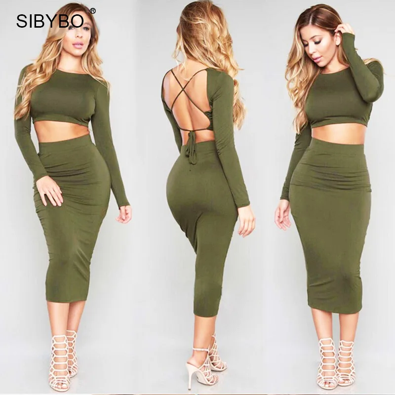 Sibybo Women Winter Dress 2017 Long Sleeve Two Piece Outfits Backless ...