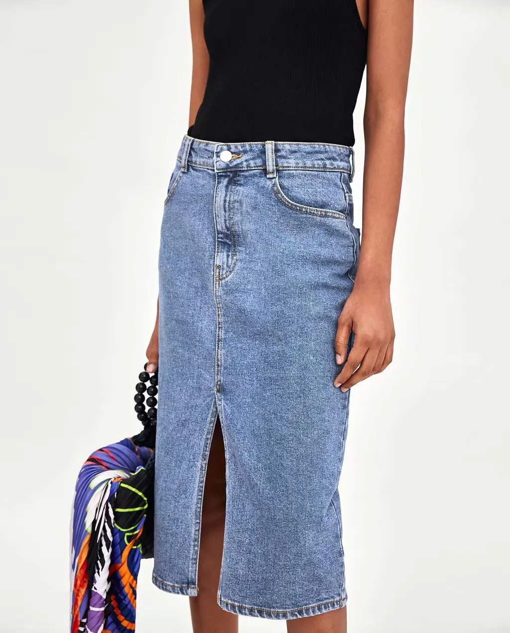 

Women Front Split High Waist Denim Midi Skirt In Mid Wash