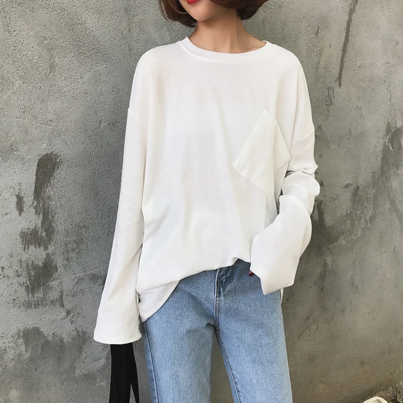 

Simple and versatile loose oversize white pocket long-sleeved T-shirt female 2019 spring student solid color bottoming shirt