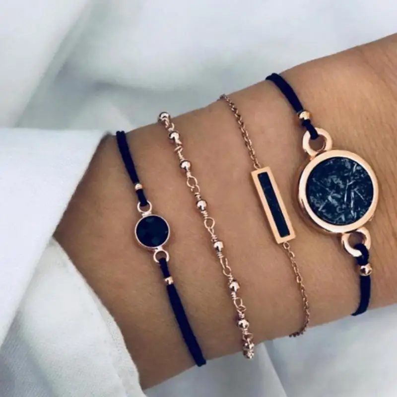 Модный дизайн, женские браслеты, наборы, веревка, многослойный кожаный браслет, очаровательный браслет, цинковый сплав, черное ювелирное изделие, подарок