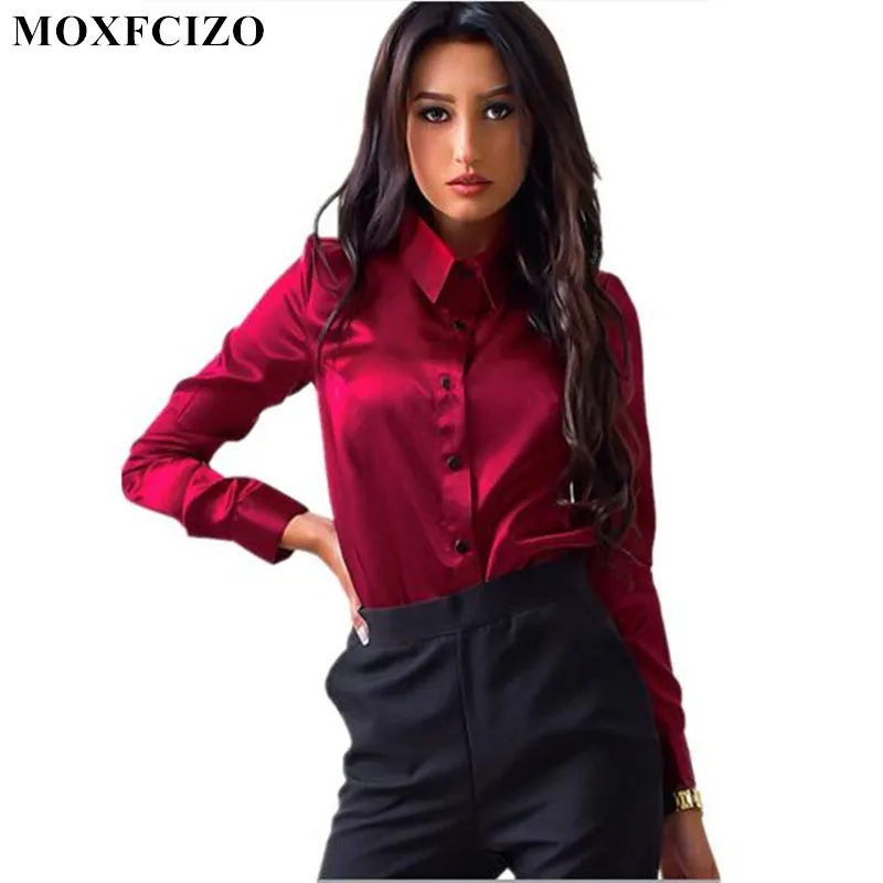 Блузка Женская атласная бордовая с отложным воротником и длинным рукавом|blouses women