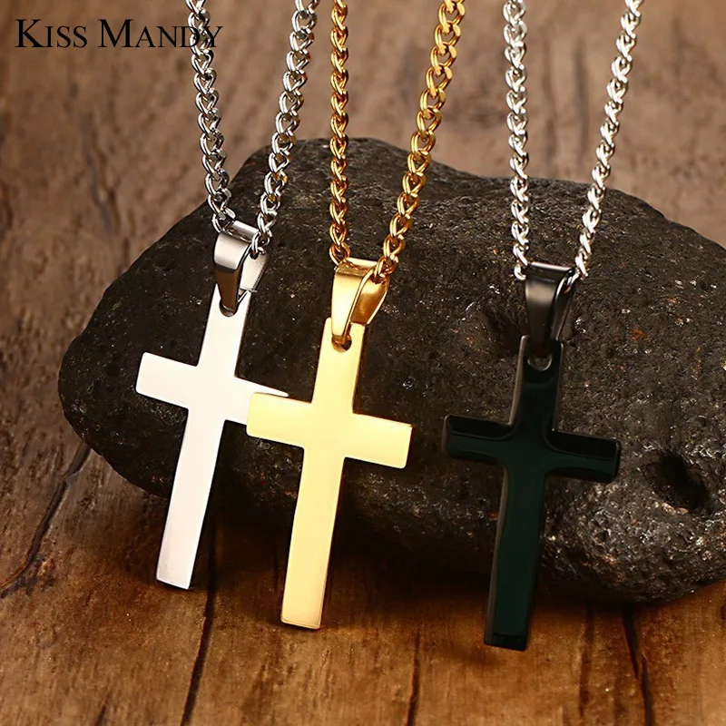KISS MANDY Gold color or Black Silver Color Necklace Plain Cross