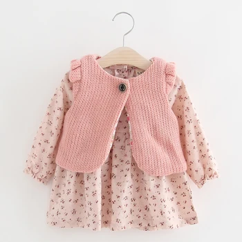 

New Children Autumn Winter New Dress For Baby Girls Floral Long Sleeve Toddler Kids Dresses Knitted Vest+Mini Dress 2pcs Clothes