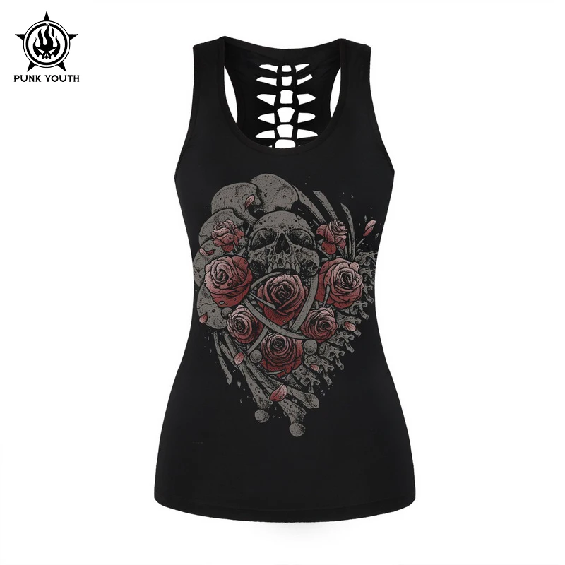 Punk Rock Style Black Tank Tops Women Summer Sleeveless Vest 3D Skull