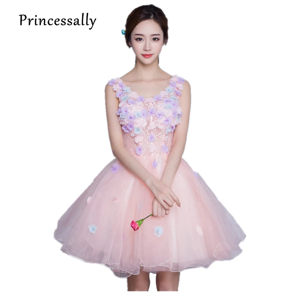 Pink Cocktail Dresses 2017 V neck Appliques Flower Illusion Cute Prom