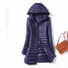 Женский пуховик на осень и зиму, ультра-светильник, парка с утиным пухом, пальто с капюшоном, тонкая теплая тонкая куртка размера плюс 4XL, Длинная Верхняя одежда RH1423