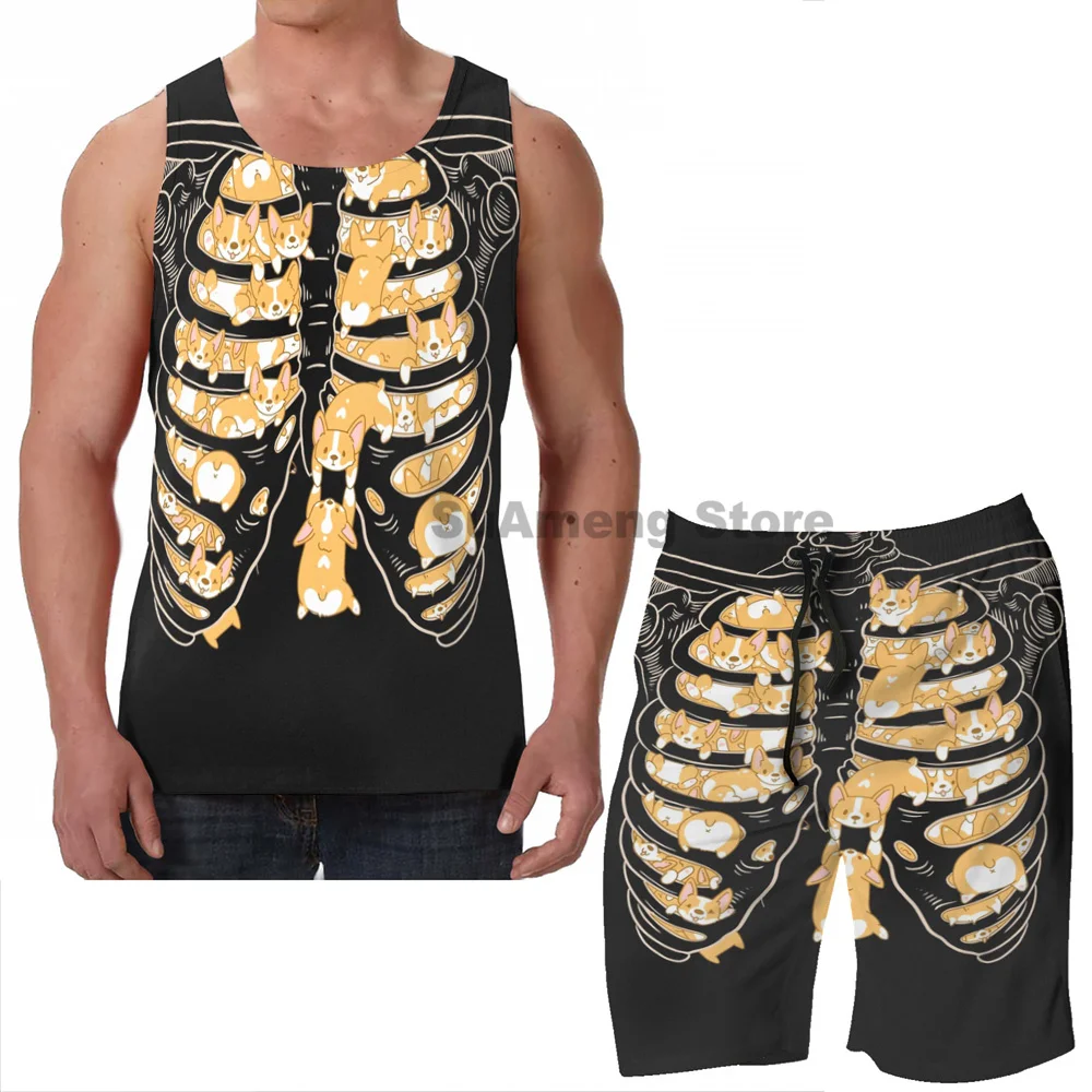 

Summer Casual funny print men Tank Tops Women Ribcage of Corgis men Board beach shorts women sets fitness sleeveless vest