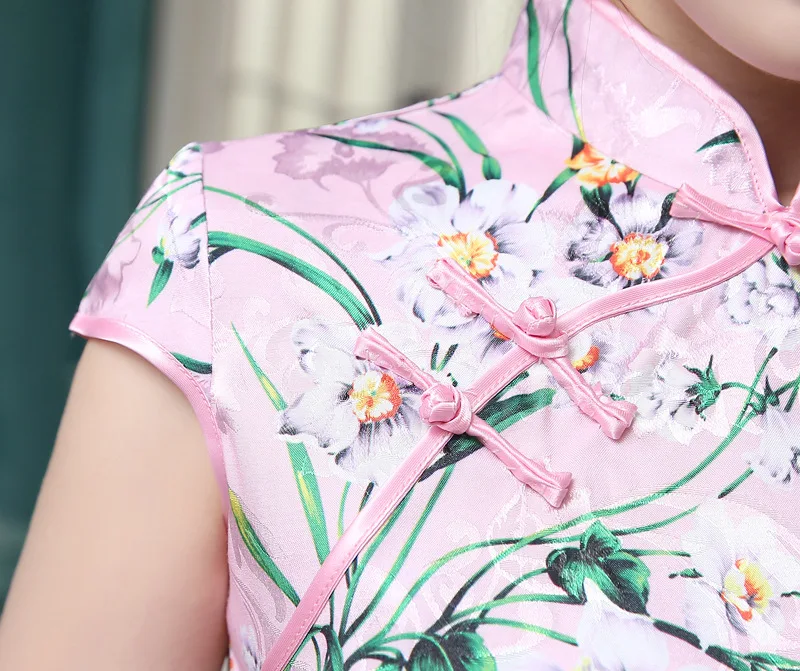 New Satin Women's Traditional Chinese Cheongsam Dresses Vestido Printing Stand Collar Short Sleeve Silk Plus Size 4XL (7)