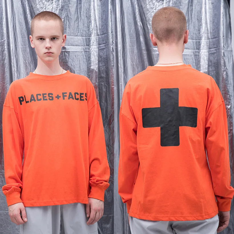 

Places Plus Faces T Shirt Men Women Orange Long Sleeve T-shirt High Quality 100% Cotton Letter Print Kanye West Tshirts New York