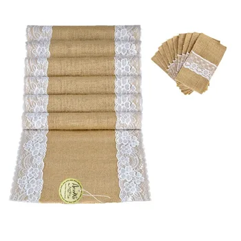 

Hessian Table Runner Jute Table Runner and 10Piece Jute Burlap Lace Tableware Pouch Packaging Fork & Knife Burlap Holder Cutlery