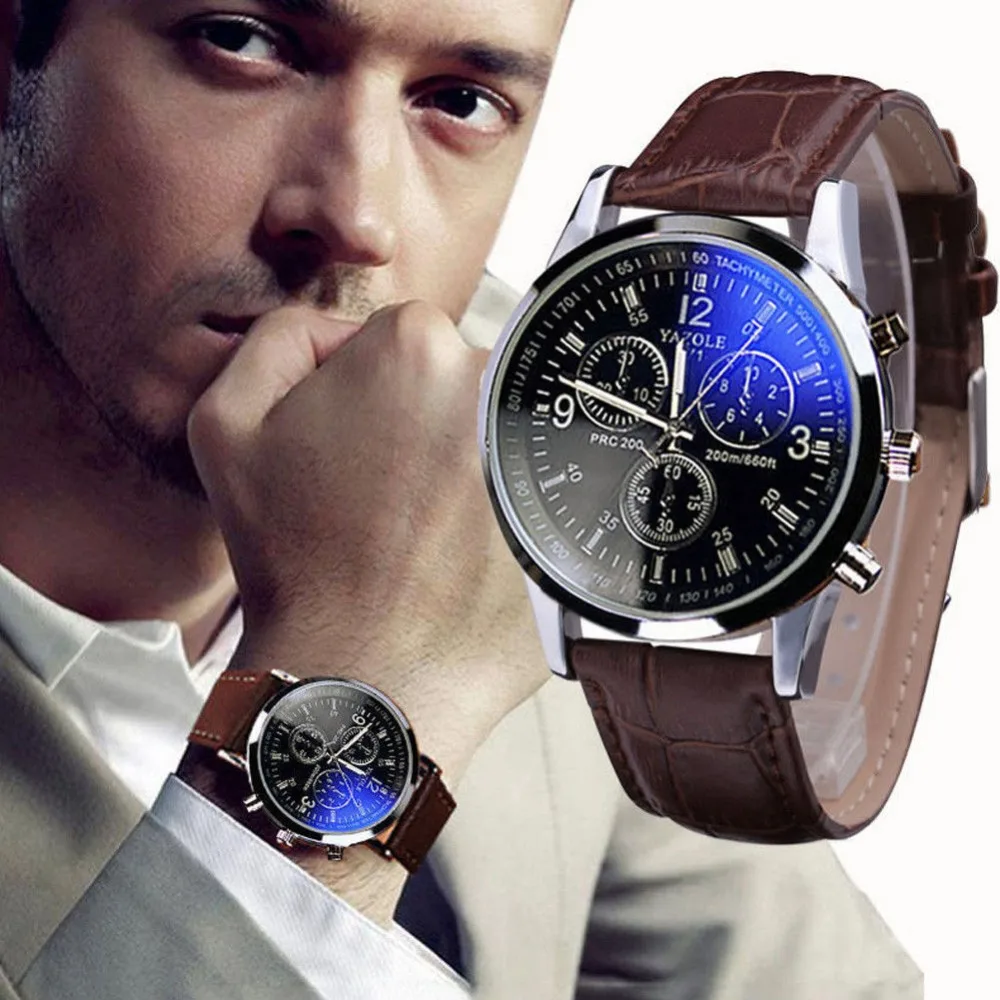 2018 Fashion Faux Leather Men Blue Ray Glass Quartz Watch Luxury Brand Men Watches Casual Males Business Watch relogio masculino