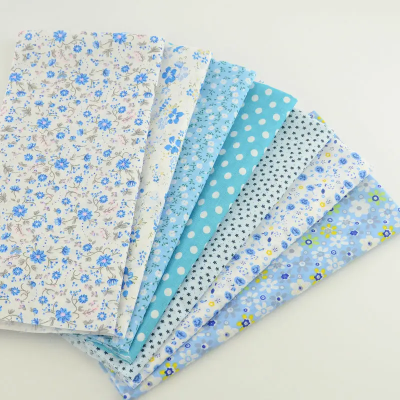 7pcs Mix Light Blue Print Lovely Flowers Abd Dots 100% Cotton Fabric Square Bundle Perfect Match Table Cloth DIY Dolls Handmade|100% cotton