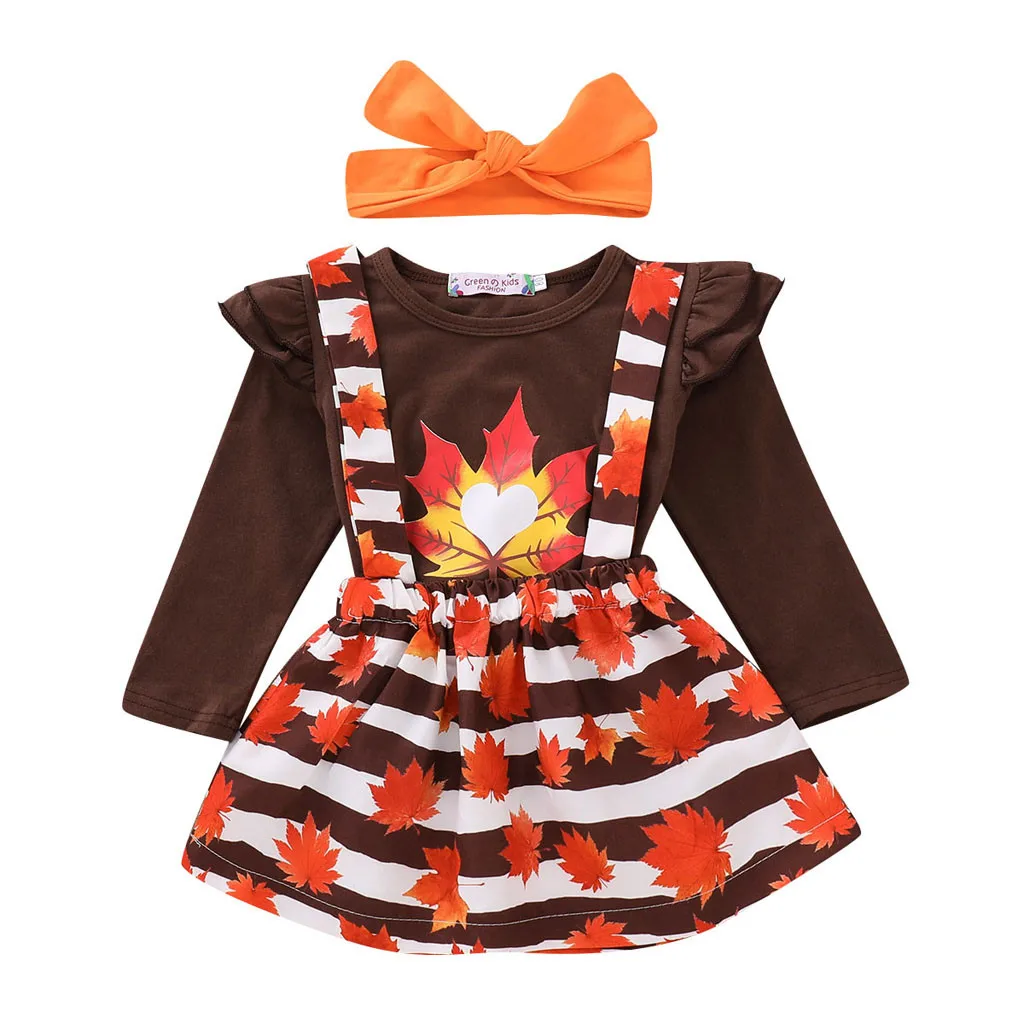 Комплект одежды из 3 предметов для маленьких девочек, полосатая юбка с длинными рукавами и Кленовым листом, комбинезон с повязкой на голову, комплекты одежды для маленьких девочек - Цвет: Brown