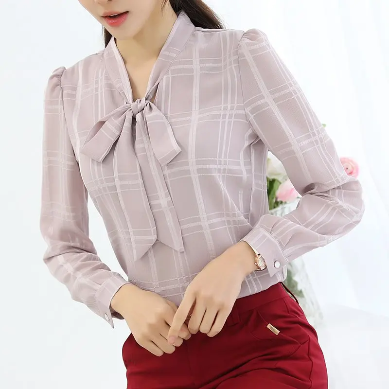 Блузка женская в клетку осенняя шифоновая с длинным рукавом|bluas femininas|plus size blousesplaid