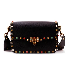 Vintage Colorful Rivet Women Genuine Leather Messenger Bag Handbag Crossbody Bolsos Women Brand Designers Shoulder Bags