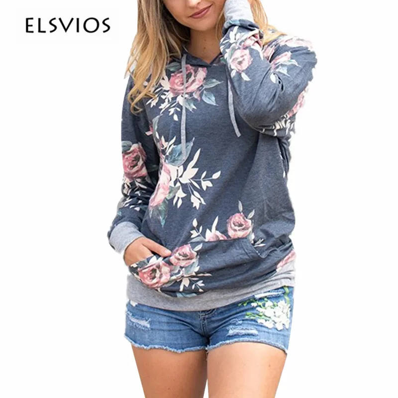 ELSVIOS 2017 Autumn Floral Print Hooded Sweatshirt Women