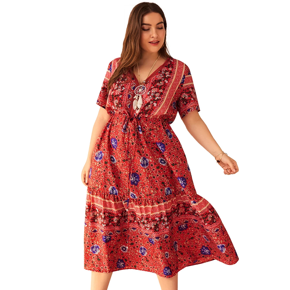 

2019 new summer women's fashion V-neck print sexy dress bohemian plus size ruffled casual loose women dress Vestidos