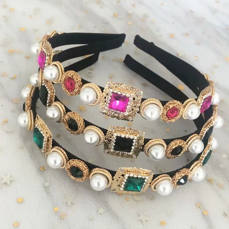 Charm Rose Crystal Baroque Fine Headband Gold Metal Carved Green Gem Crown Tiara Headwear For Women Wedding Hair Jewelry Gift