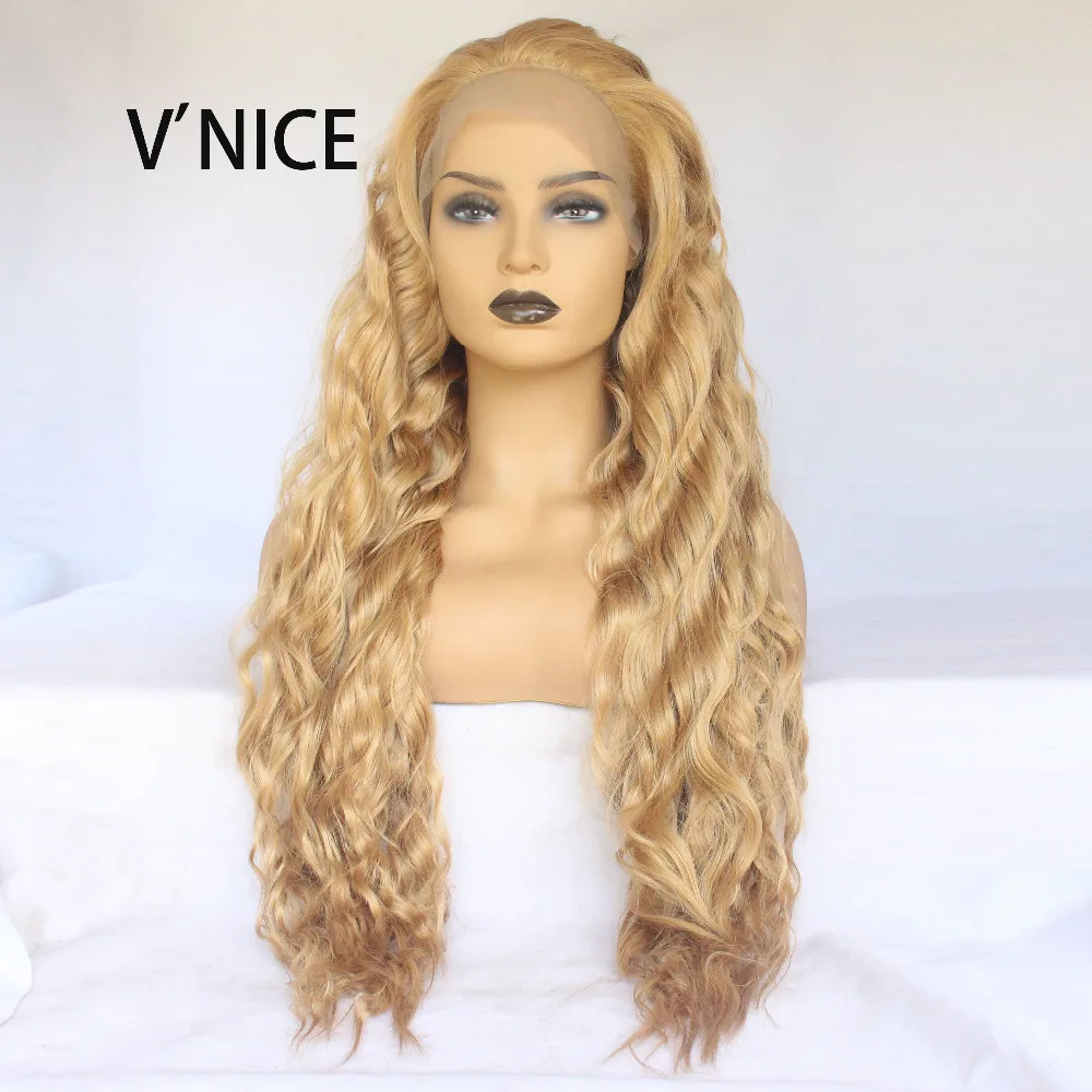 Медовый блонд синтетический парик фронта шнурка свободный глубокий волнистый парик шнурка высокой температуры волокна средний пробор женщин парики Корабль из США